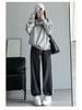 White-Gray Striped Women's Wide-Leg Sweatpants - Autumn/Winter 2025, Casual, Petite, with Three Stripes and Cuffed Hem.