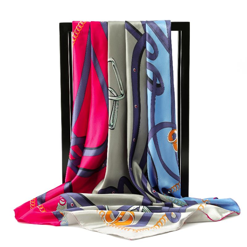 Scarves 90*90Cm Women Print Twil Hair Neck Square Silk Scarf Office Lady Shawl Bandana 90X90Cm Muslim Hijab Handkerchief Korean