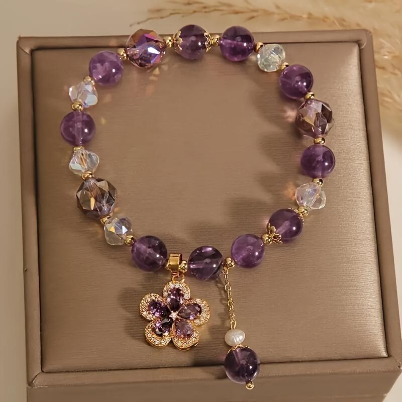 1Pc Fashion Purple Crystal Beads Elastic Bracelet With Flower Pendent Perfect For Women Jewelry Gift