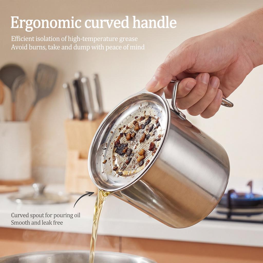 1.8 L /61 oz Fat Container Stainless Steel Oil Strainer Pot Container Jug with Filter Grease Fat Storage Can for Kitchen Cooking