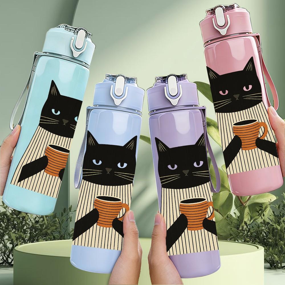 1PC Black Cat Coffee Cup 750ml Color Plastic Sports Water Bottle Leakproof Flip Straw Lid Suitable for Sports Office Home Use