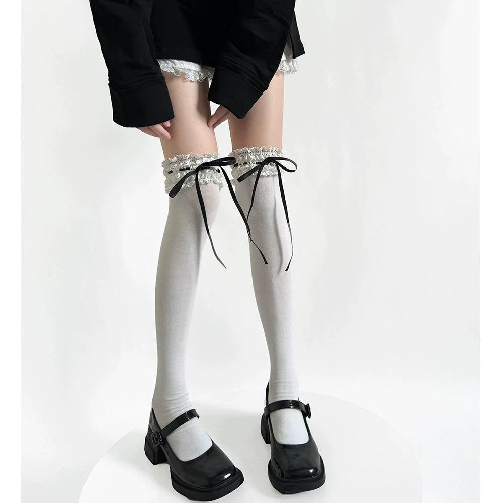 Reine Baumwolle Lolita Breite Spitze Schleife Socken - Frühling Wadenlang Süßer Wunsch Stil