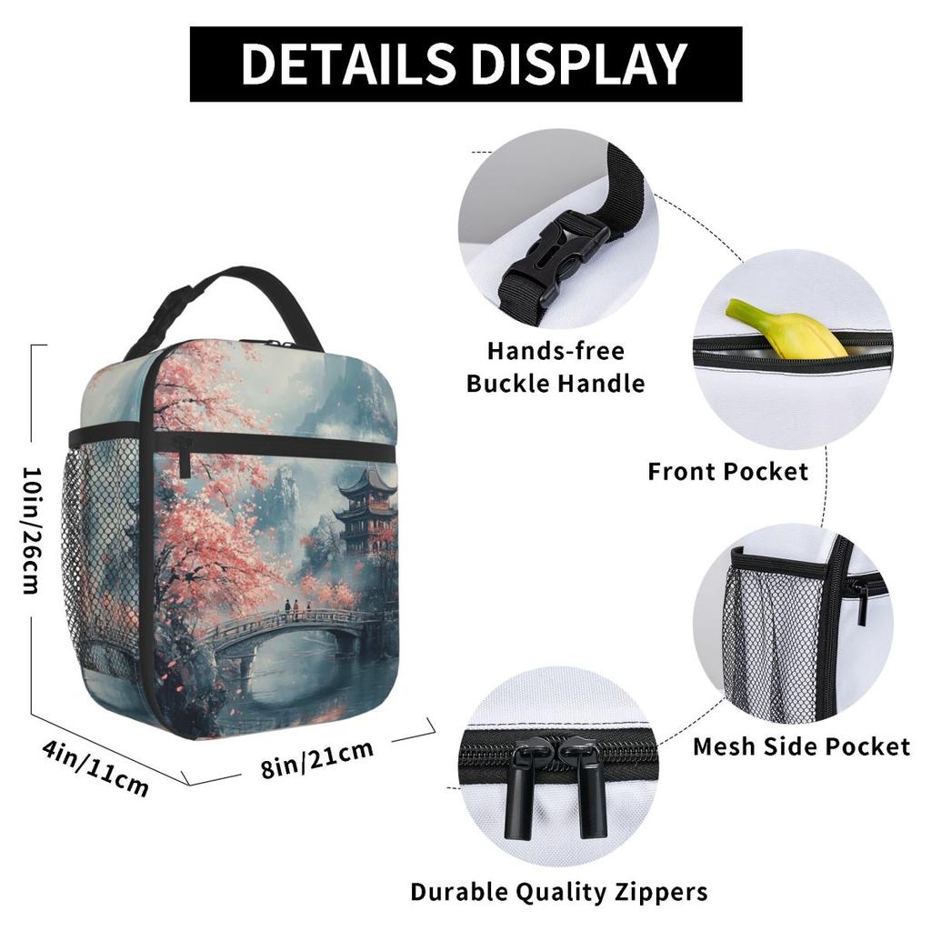 Japanese Pagoda And Cherry Blossoms Insulated Lunch Bag for Women Children Portable Food Boxes Thermal Lunch Box Tote