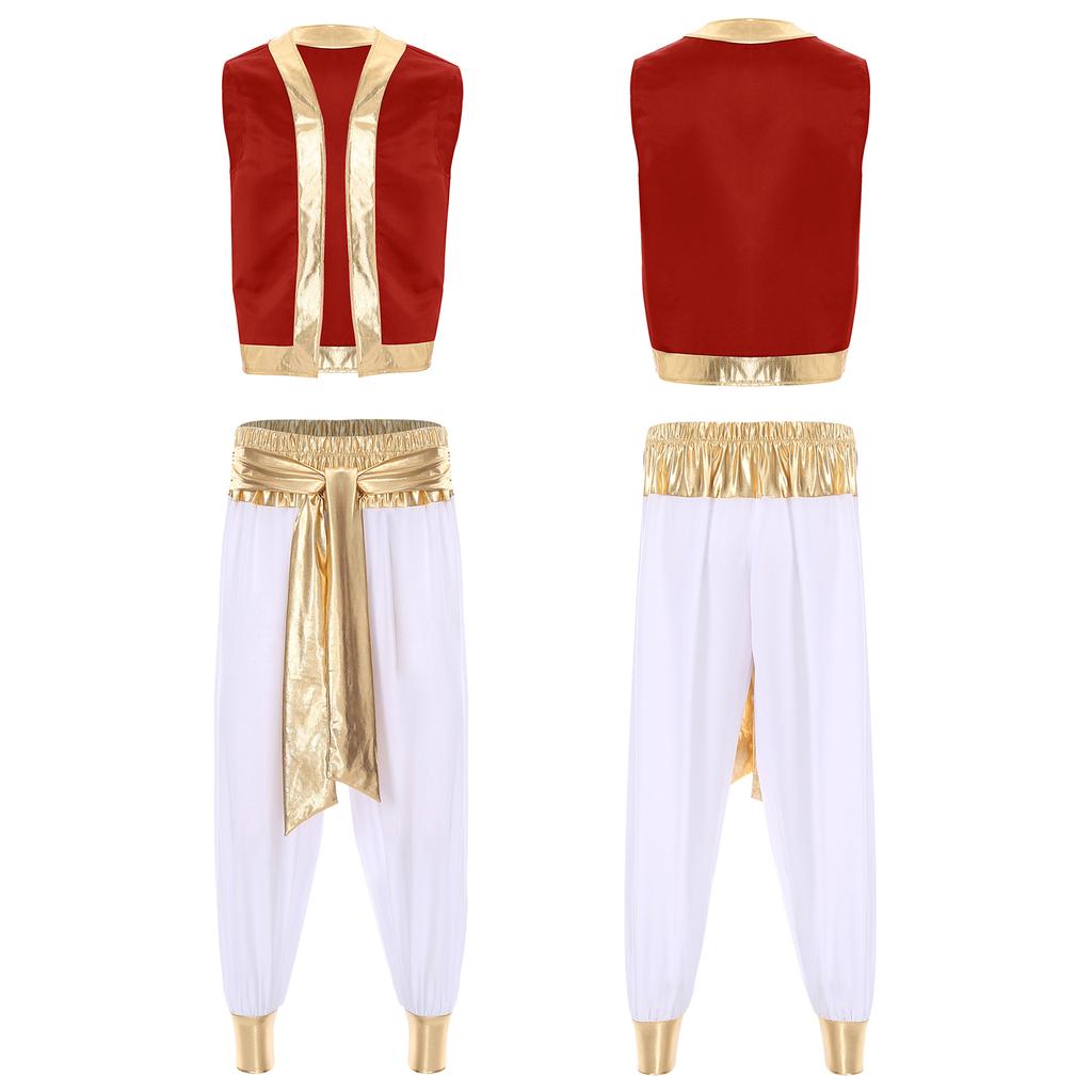 Mens Arabian Prince Costume Set Metallic Shiny Trim Open Front Vest Long Pants Two Piece Party Outfit