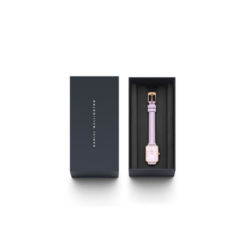 Official Limited Edition/2-Year Warranty: Daniel Wellington DW Women's Quadro Watch in Lavender Purple Leather with Rose Gold and Purple MOP Leather.