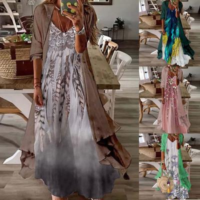 Women's Summer Casual Fashion Chiffon Coat V Neck Printed Camisole Two-Piece Dress