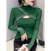Spring Autumn New Fashion Hot Diamond Mesh T-shirt Women's Long Sleeve Hollow Top Solid Color Half High Neck Bottoming Shirt