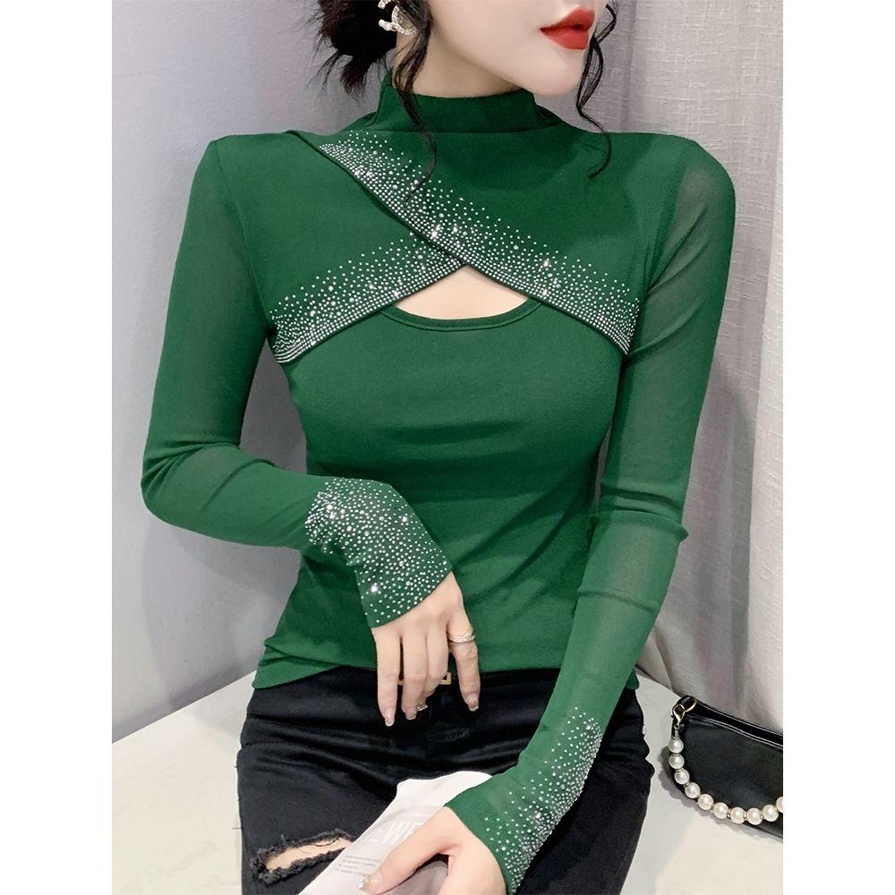Spring Autumn New Fashion Hot Diamond Mesh T-shirt Women's Long Sleeve Hollow Top Solid Color Half High Neck Bottoming Shirt