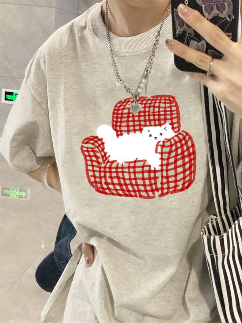 

Женская модная футболка из чистого хлопка с коротким рукавом - Новый летний нишевый дизайн, Американский стиль хай-стрит, Свободный крой 2XL серый