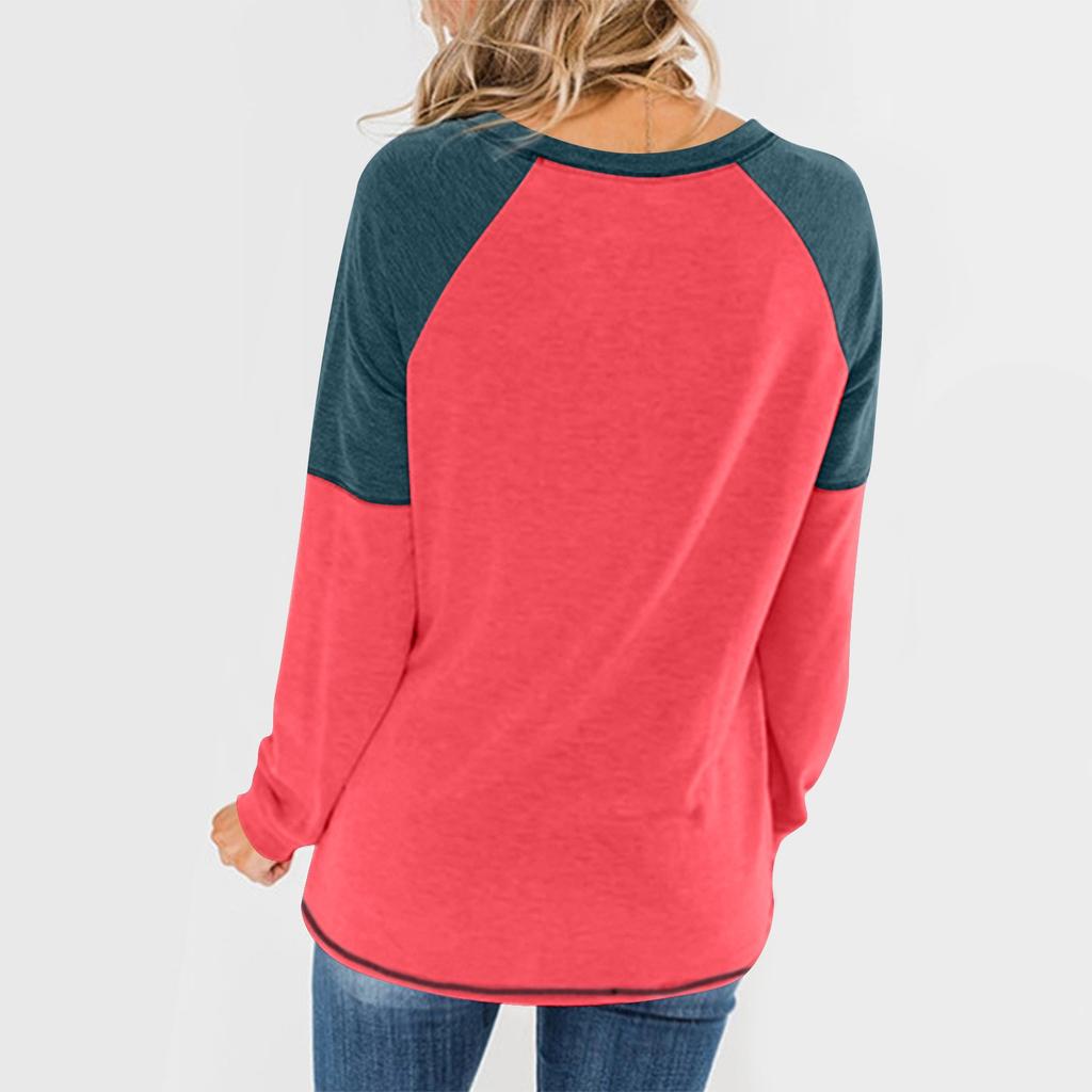 Women's And Winter Casual Long Sleeve Spliced Round Neck Loose T-Shirt Top