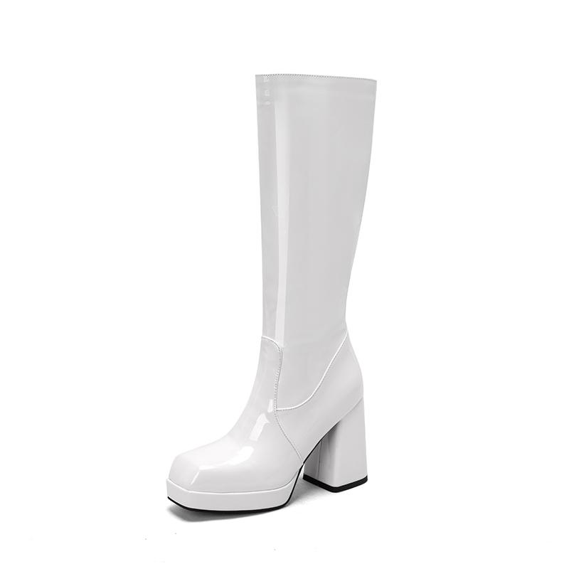 Silver Gold Knee High Boots Women 2024 Four Seasons 10cm Chunky Heels Shoes Square Toes Long Booties Big Size 48 Botas Mujer