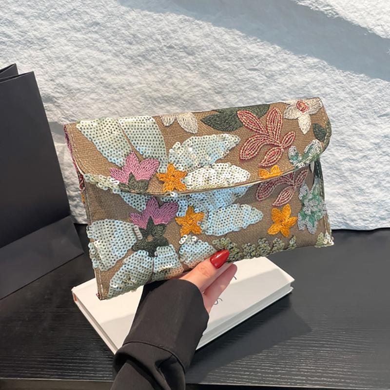 Embroidery Evening Bags Sequins Bling Clutch Bag Straw Envelope Bag Floral Pattern Handbag Wedding Party Cotton and Linen Wallet