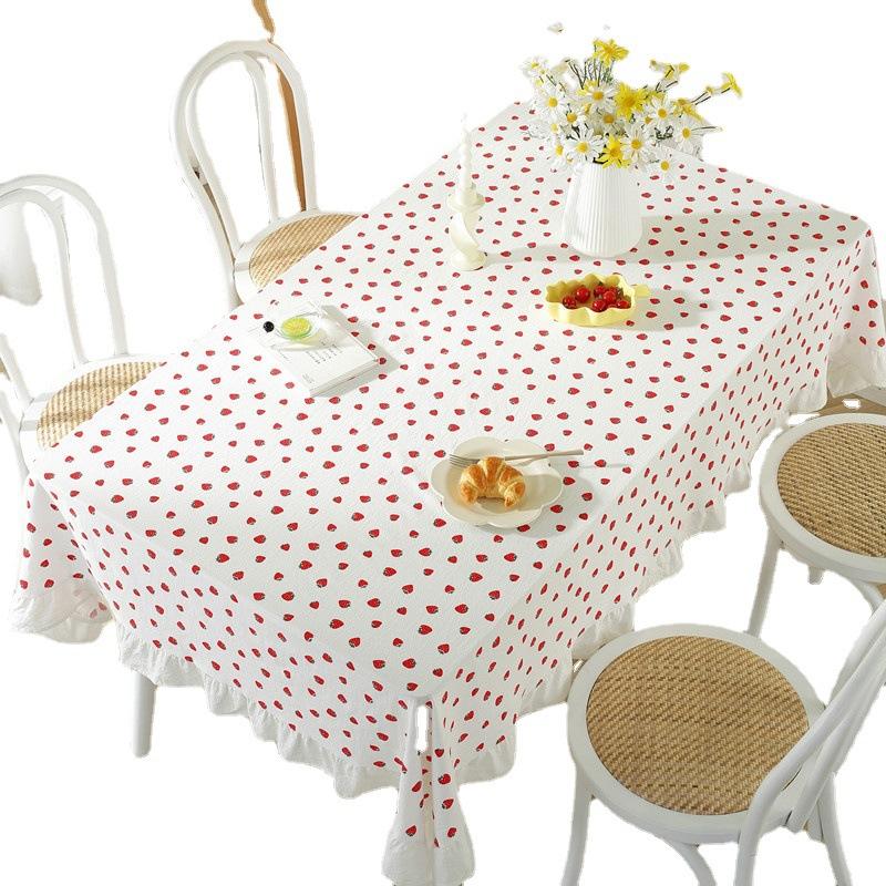 Small Fresh Cotton Printed Strawberry Lotus Leaf Edge Fungus Edge White Ball Coffee Table Tablecloth Dining Table Cloth Outdoor Picnic Decoration