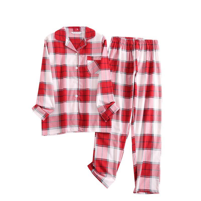 Women Plaid Casual Pajama Set Button Shirt Top and Pants