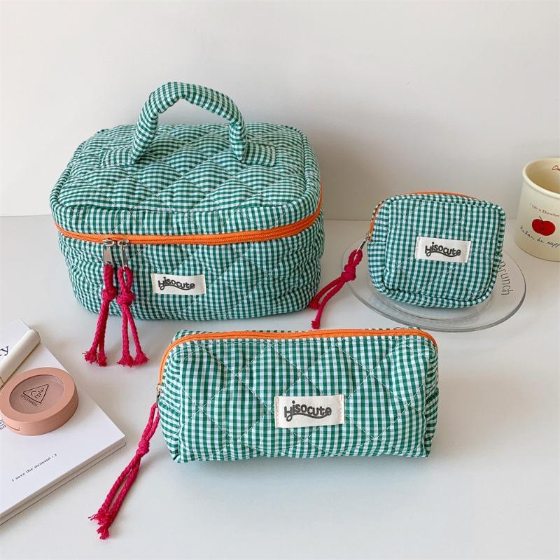 Ins Contrast Color Plaid Handheld Makeup Bag Large Capacity Cosmetic Organizer Square Bag
