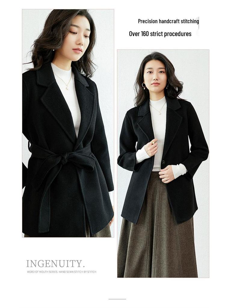 High-End Autumn & Winter Double-Sided Wool Coat: 100% Pure Wool, Tie-Waist, Slimming Mid-Length Outerwear for Women