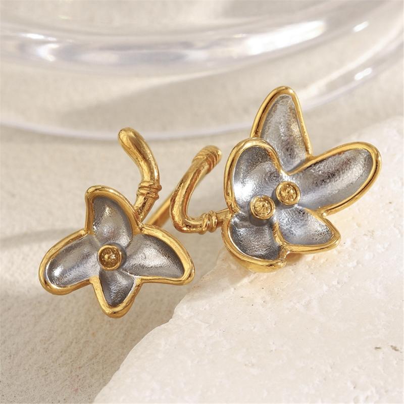 Double Color Floral Adjustable Finger Ring 18K Gold Plated Stainless Steel Fashion Accessory Artistic Open Band Ring