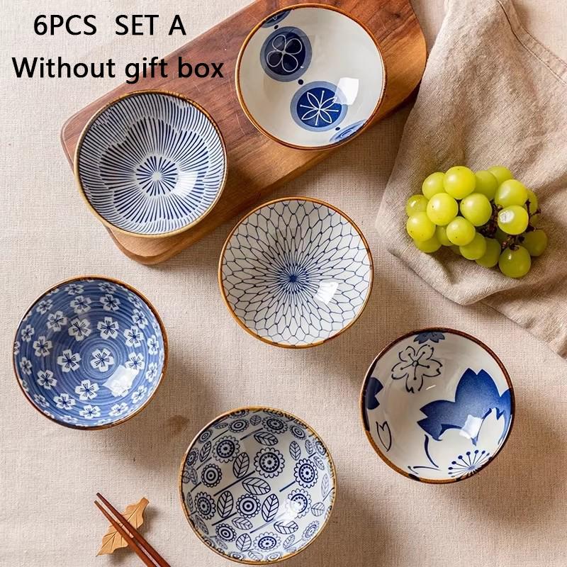 6pcs Japanese Ceramic Cereal Bowl Set Dessert Salad Snack Bowl Kitchen Noodle Bowl Tableware Set Microwave Safe Gift Box