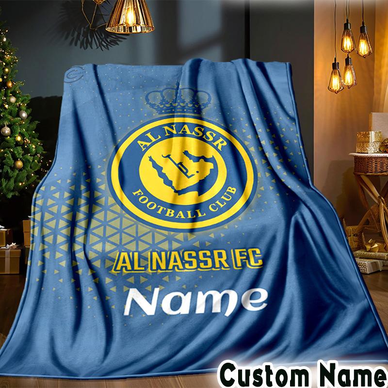 Custom Name Nassr FC Crest Throws Blanket Flannel Blankets for Couch Bed Gifts for Men Women Picnic blanket Christmas fan gifts
