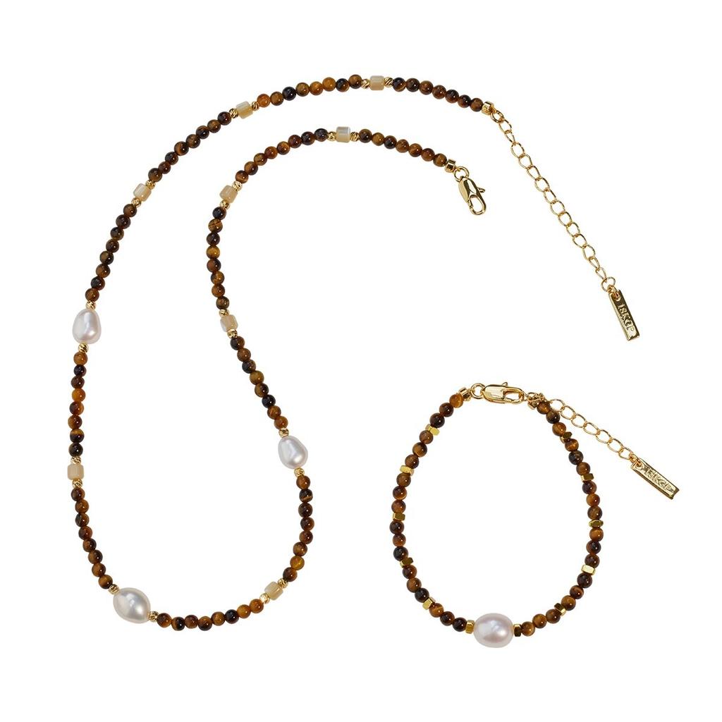 Maillard Tiger'S Eye Stone Freshwater Pearl Necklace Niche Design Necklace Bracelet Autumn And Winter Personality Fritillary Clavicle Chain Women