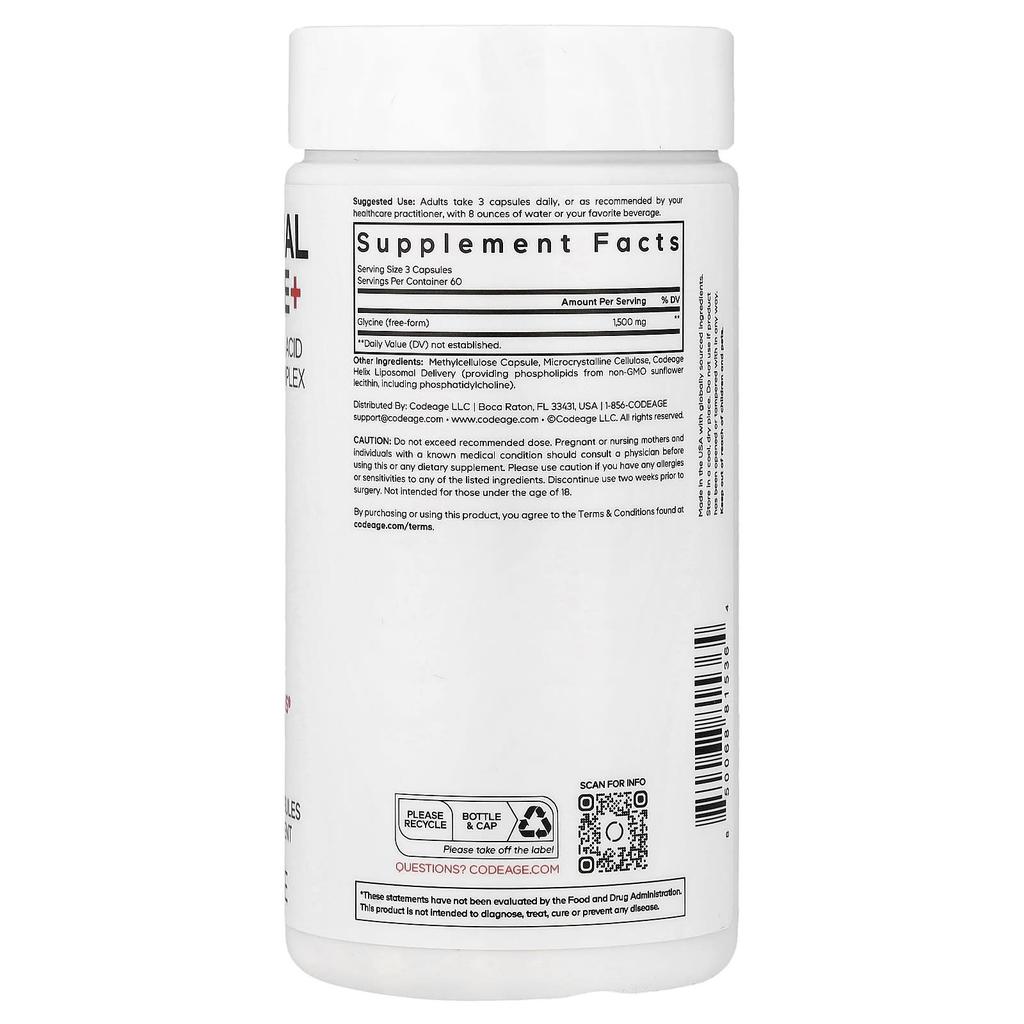 Codeage Liposomal Glycine+, 180 Veggie Capsules (500mg Per Capsule)