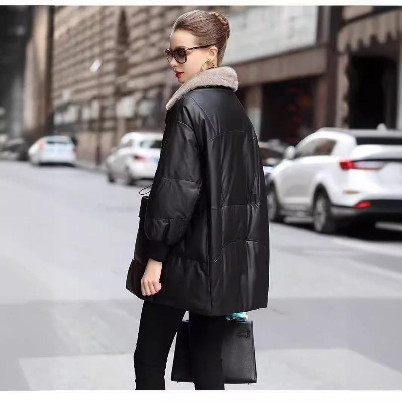New Down Thickened and Warm Women's Leather Coat, Autumn and Winter Mid-length Lapel Waist Slimming Women's Coat and Coat