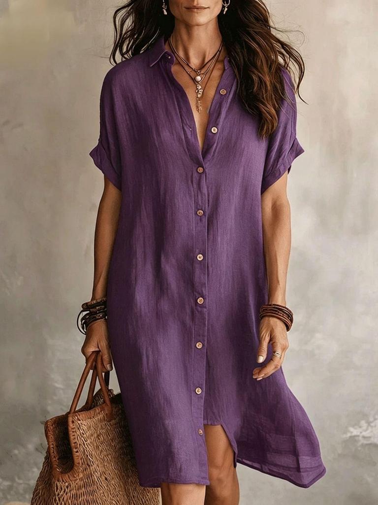 2026 European and American Spring/Summer Casual Cotton Linen Short Sleeve Shirt Dress