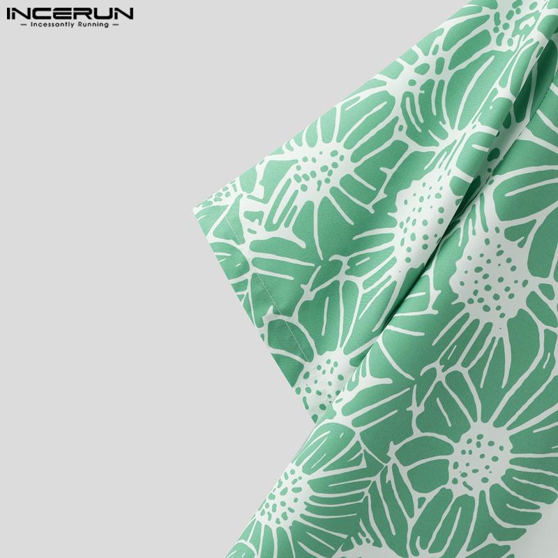 INCERUN Men Lapel Neck Short Sleeve Print Stitching Casual Loose Shirts