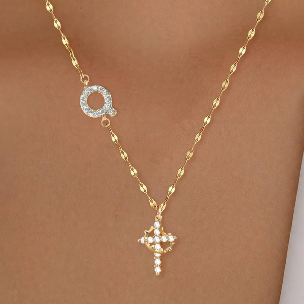 Full Diamond Rotatable Crown Cross with 26 Letter Copper Gold Plated Jewelry Accessory Necklace