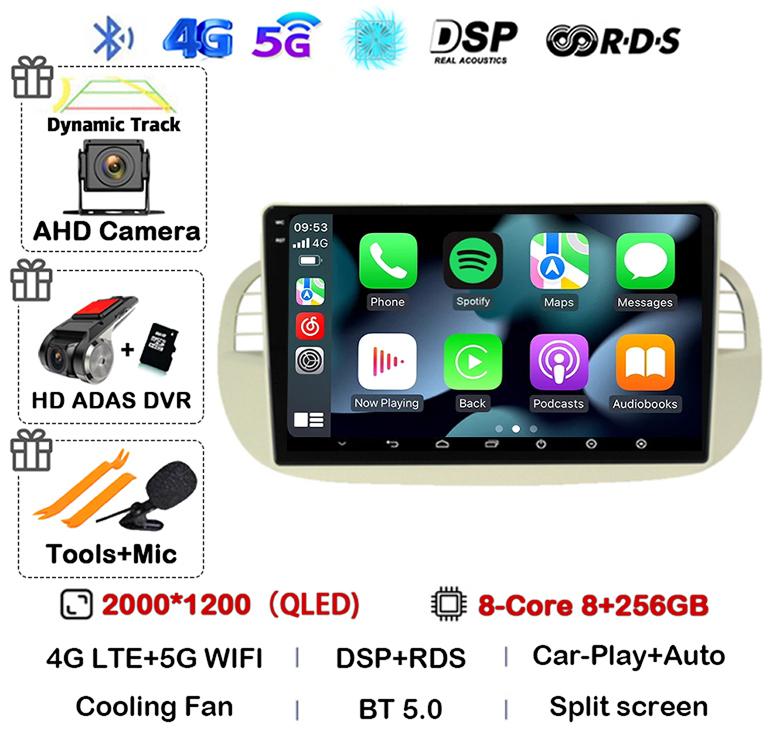 Android 14 Carplay& Auto Car Radio Stereo For Fiat 500 GPS Navigation Steering Wheel Control Multimedia BT WIFI+4G Head Unit DSP