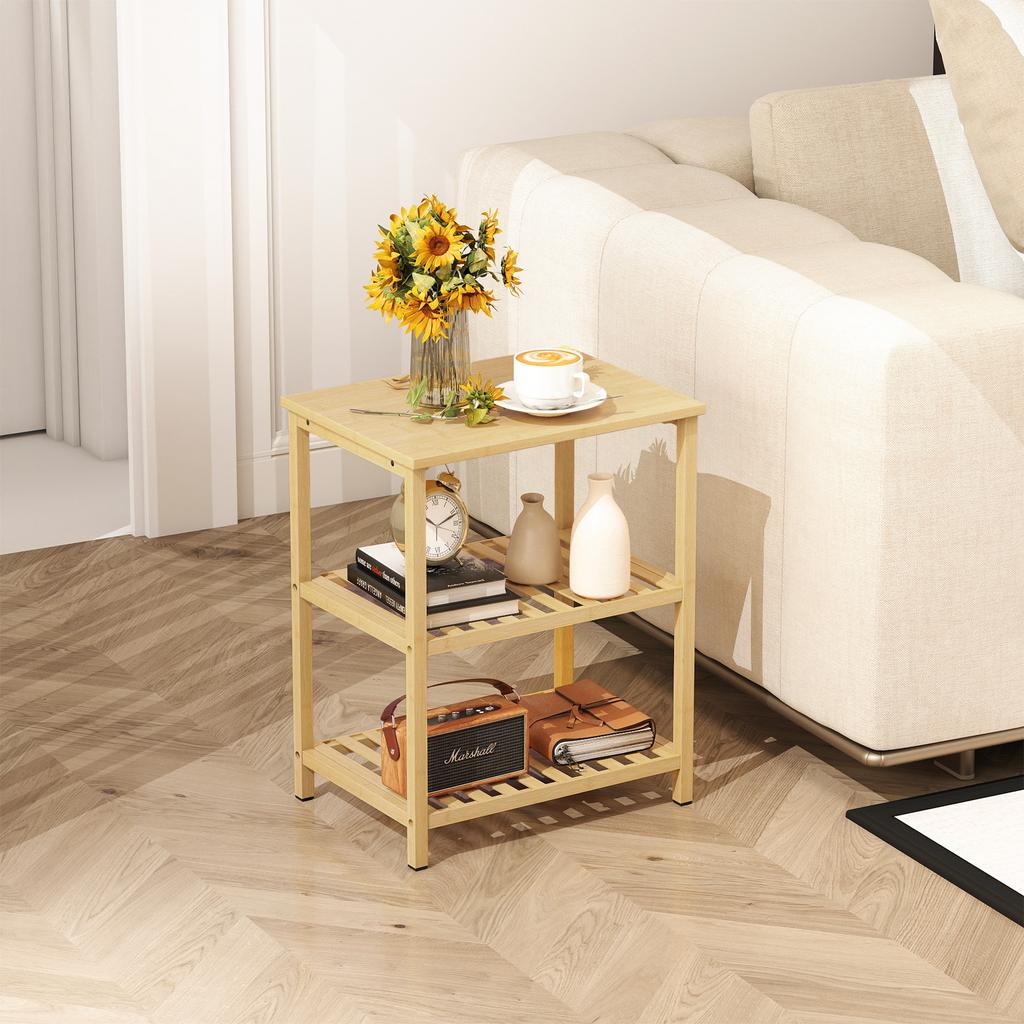Beistelltisch aus Bambus, 3 Ebenen mit Lamellenböden, für kleine Räume, Wohnzimmer & Schlafzimmer, Natur