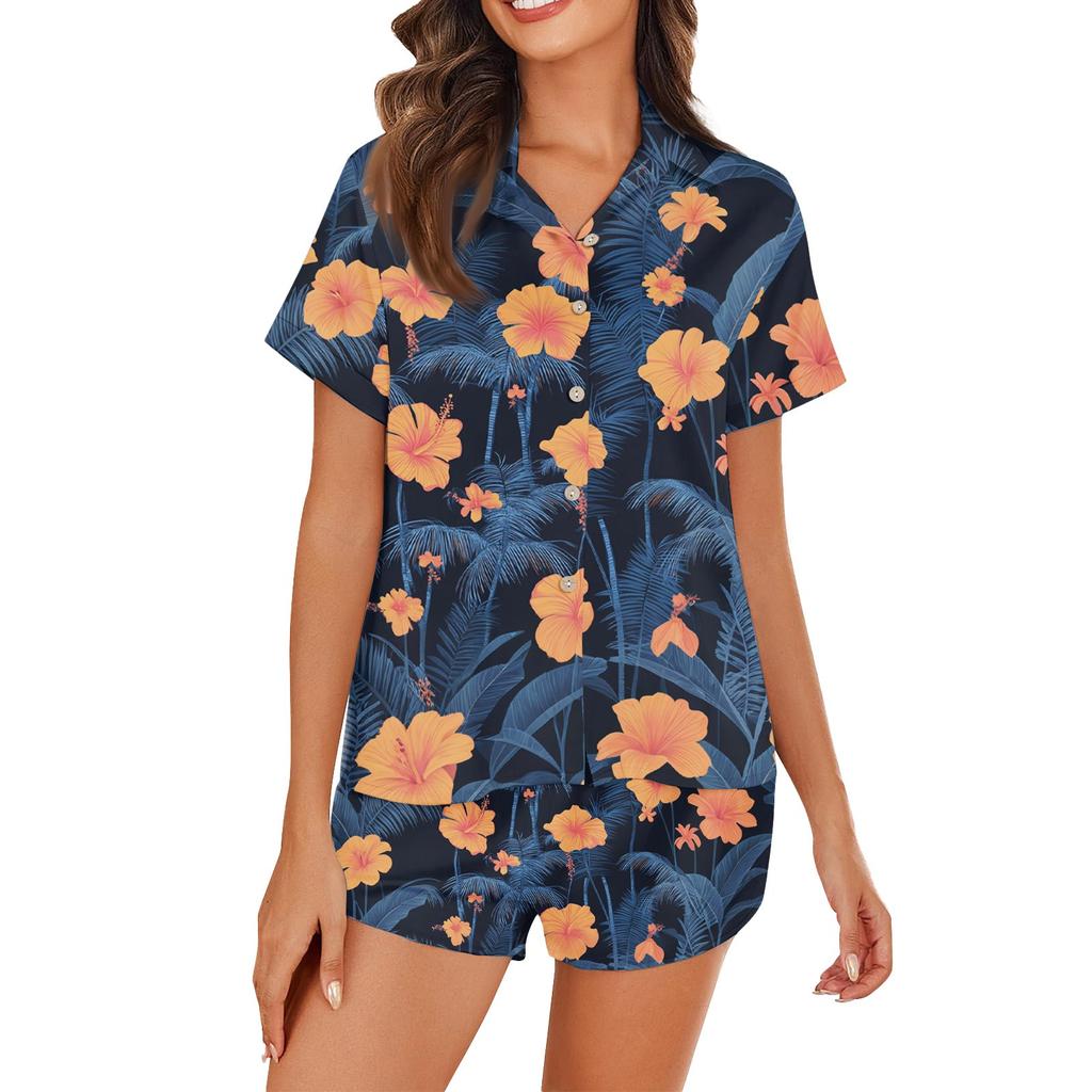 Women's Ice Silk Pajamas Button Homewear Hawaiian Print Short Sleeve Satin Pajama Set