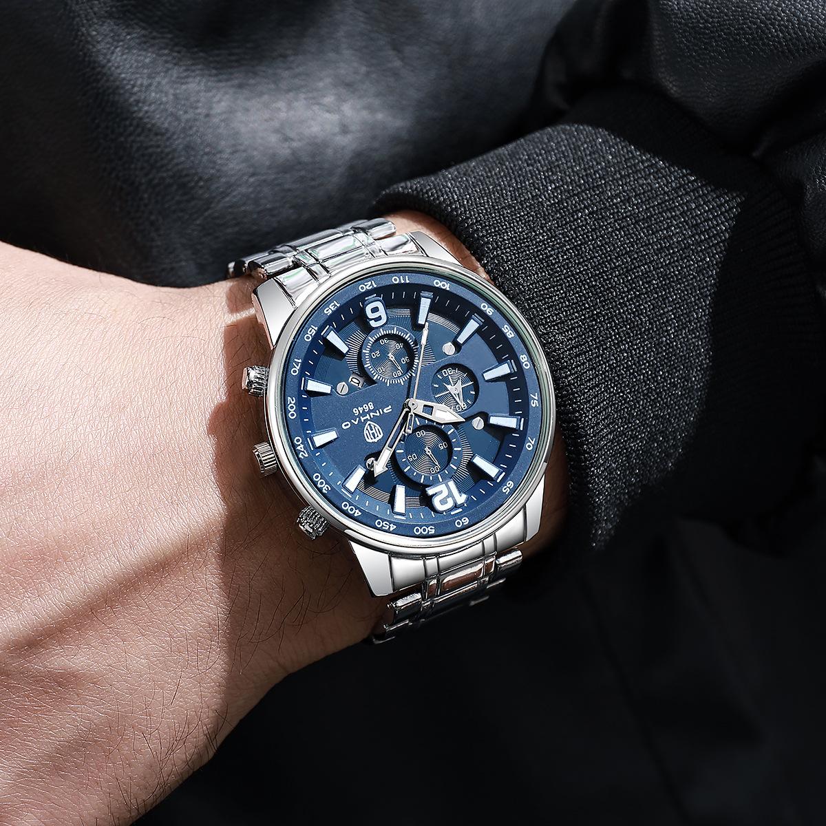 Men S Watch Fake Three-Eye Steel Belt Set Non-Mechanical Large Dial Business Waterproof Quartz Watch