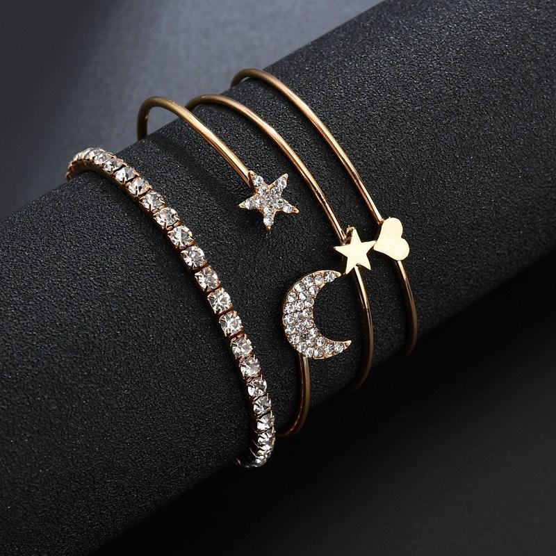 Bracelet, Simple And Fashionable Star And Moon Diamond-Encrusted Smooth Peach Heart Star Bracelet, Jewelry