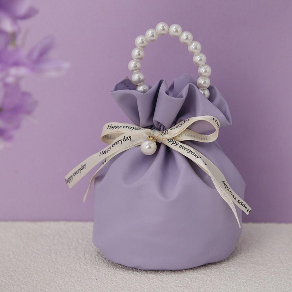 Solid Color PU Drawstring Bag Storage Bag Wedding Candy Bag Pearls Handle Wrist Bag  Festival