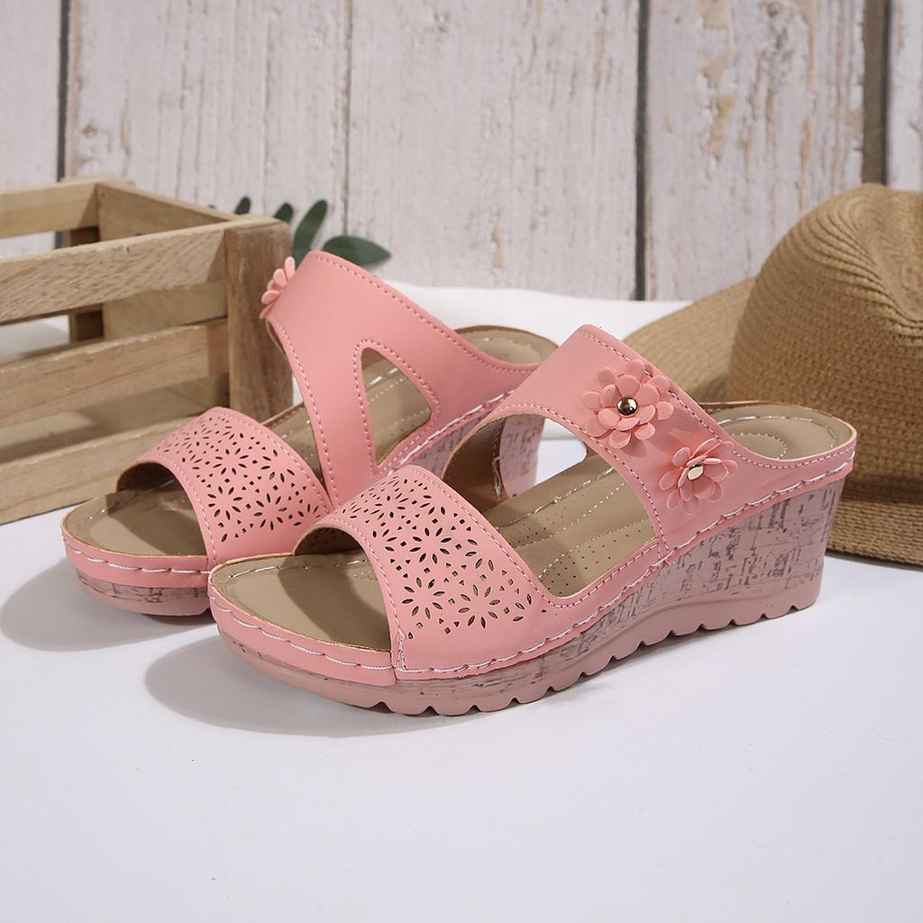 Flower-shaped Wedge Heels One-line Slippers Women's Hollowed-out Fish-mouth Thick-soled Shoes with Stitching Beach Flip-flops
