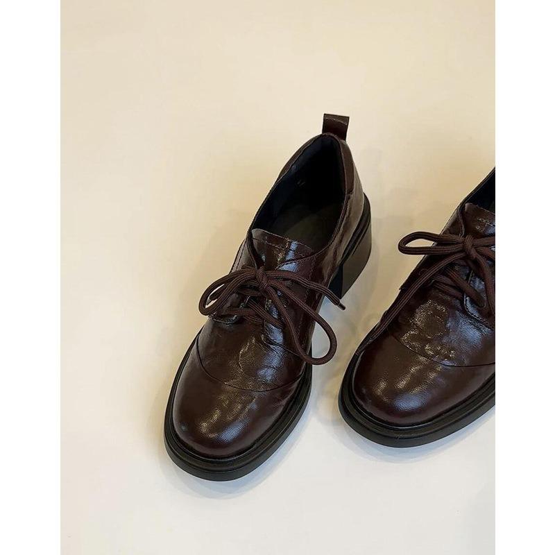 

Washed cowhide~ British retro leather round head lace-up commuting versatile thick heel small leather shoes women s single shoes 40