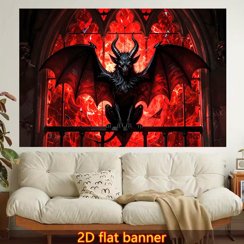 1 Stück Stylische 2D Flachbedruckte Wandtapisserie | Rotes Buntes Geflügeltes Monster, Gotische Architektur, Polyester, Geeignet Für Wohnzimmer, Schlafzimmer, Büro, Zuhause