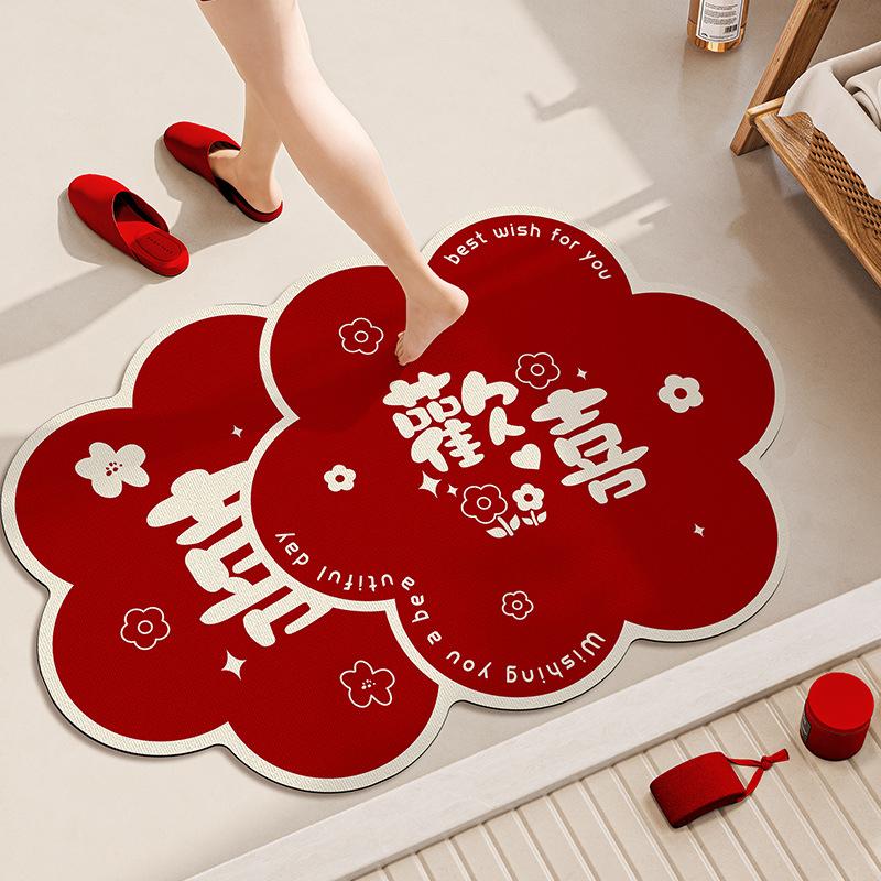 Wedding Bathroom Floor Mat Non-Slip And Anti-Drop Diatom Mud Absorbent Foot Mat Toilet Door Red Festive Carpet