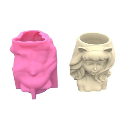 DIY Resin Plant Mold Succulent Flower Pot Silicone Mold Pen Holder Molds Cat-Ear Girl Shape Planter Pot Mold Handmade