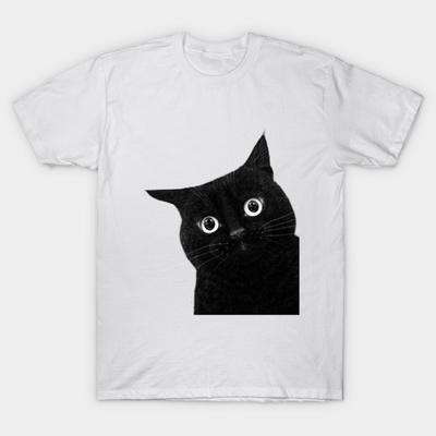 Asian Size Cotton Unisex Tshirt Print T-shirt Funny Peeping Black Cat T-shirt No-Cut Print Regular Fit