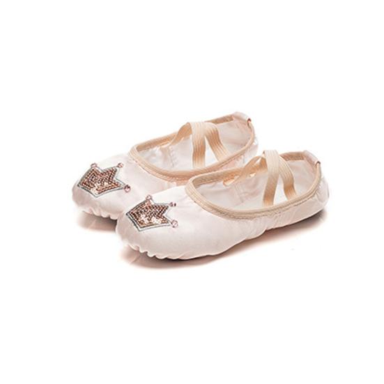 1 Pair Girls Ballet Shoes Soft Sequin Crown Pattern Anti-skid Bottom Elastic Band Faux Silk Toddler Big Kid Children