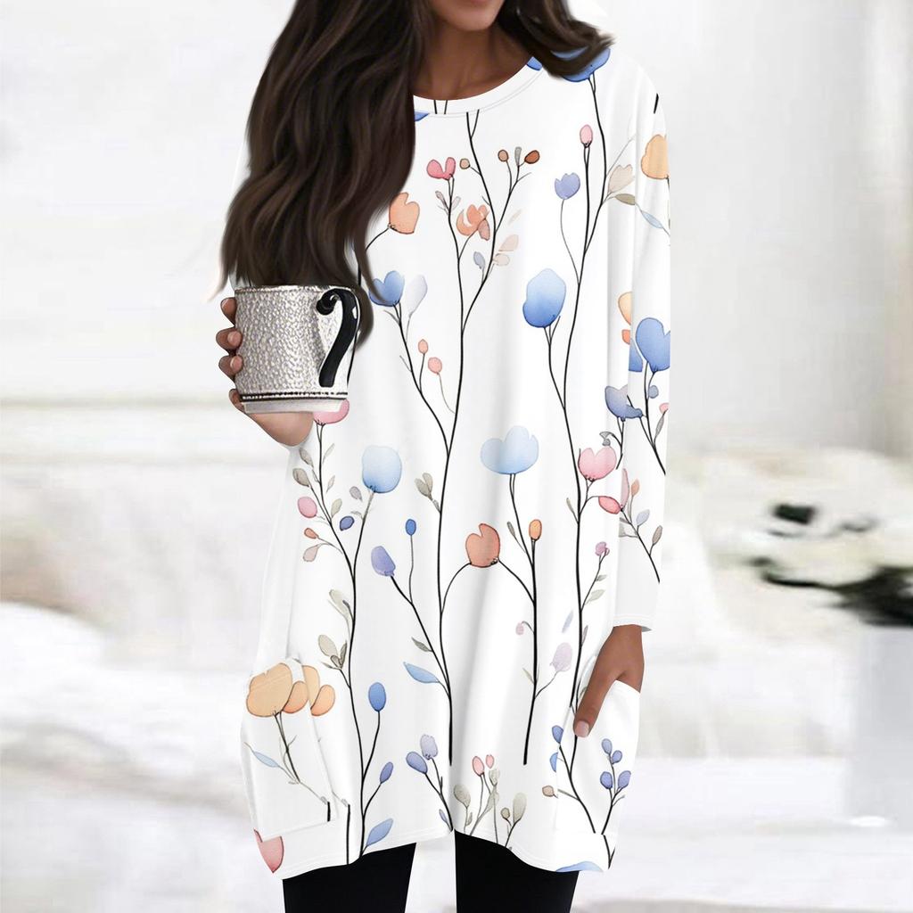 Womens Tops Round Neck  Long Sleeve Blouses Casual Mid-length Shirts Fashion Print Tunic Tops With Pockets