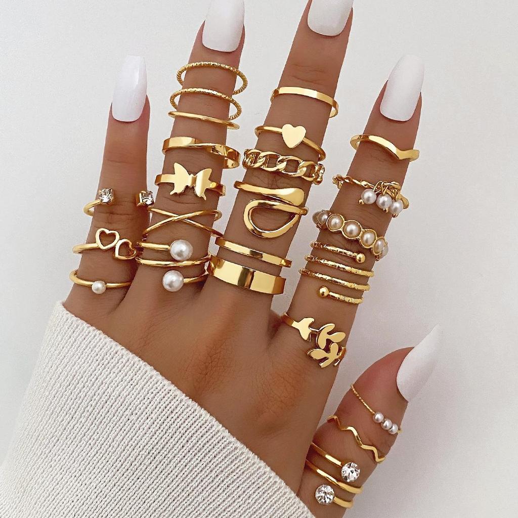 23-Piece Set: Black Butterfly Diamond & Pearl Knuckle Rings for Women