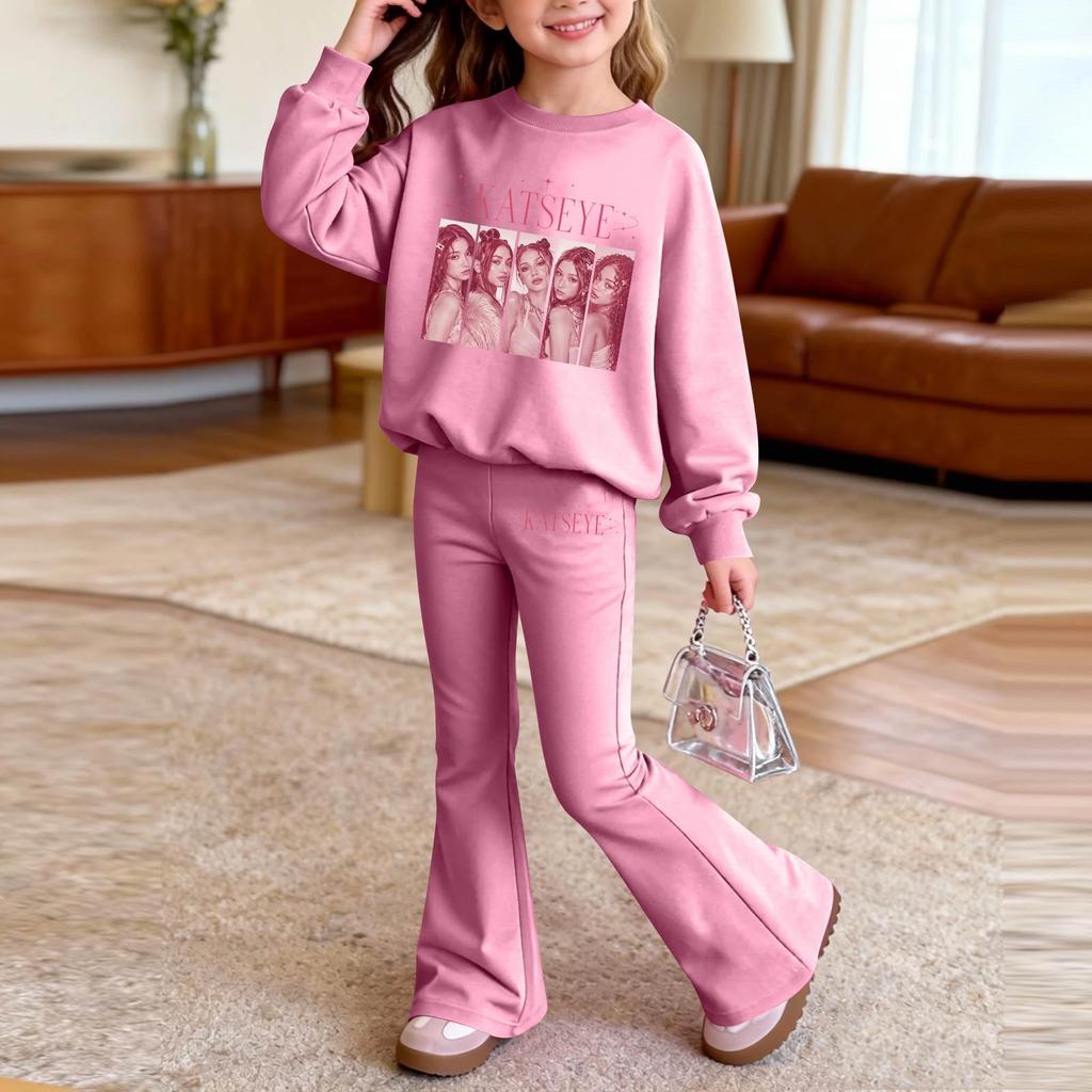 Kids Printed Long Sleeve Neck Top and Pants Set, Casual Loose Fit Outfit for Boys Girls