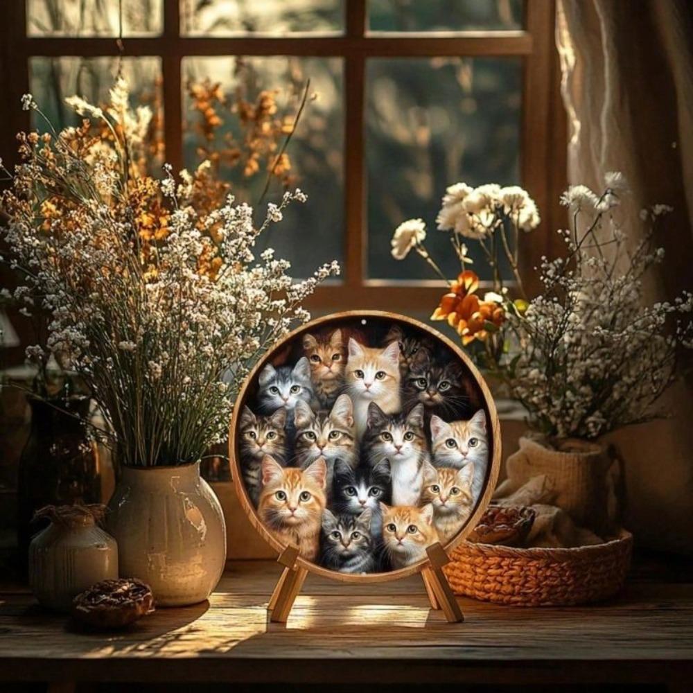 Vintage Round Metal Cat Wall Art, Flat Steel Sign Decor for Kitchen Living Room Office