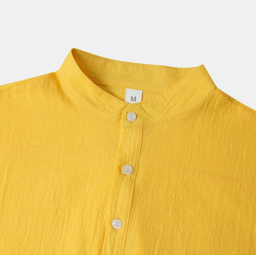 Summer 2024 Bestseller: Men's Solid Color Cotton Linen Stand Collar Short Sleeve Shirt - European & American Style