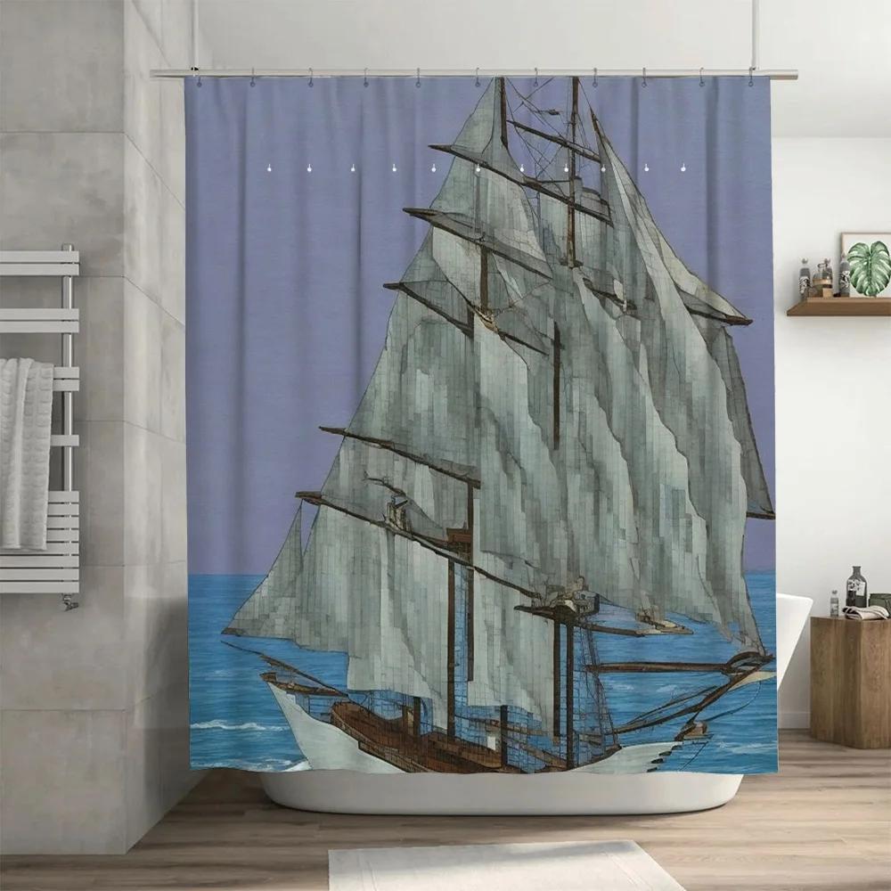 Nautical Bath Shower Curtain Sailboat Design Waterproof Fabric For Bathroom Decor Blue W60H190(CM)-1 Pcs
