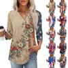 Women 3/4 Sleeve V Neck Henley Pullover Shirt American Flag Print Casual Loose Fit Top