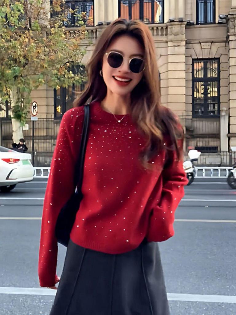 Women's Red Rhinestone Long-Sleeve Knit Sweater - Elegant Autumn/Winter Slimming Top
